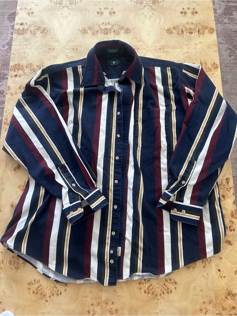 Vintage Hunt Club 100% Cotton Men’s Button Up, Striped: Burgundy/Mustard/Navy